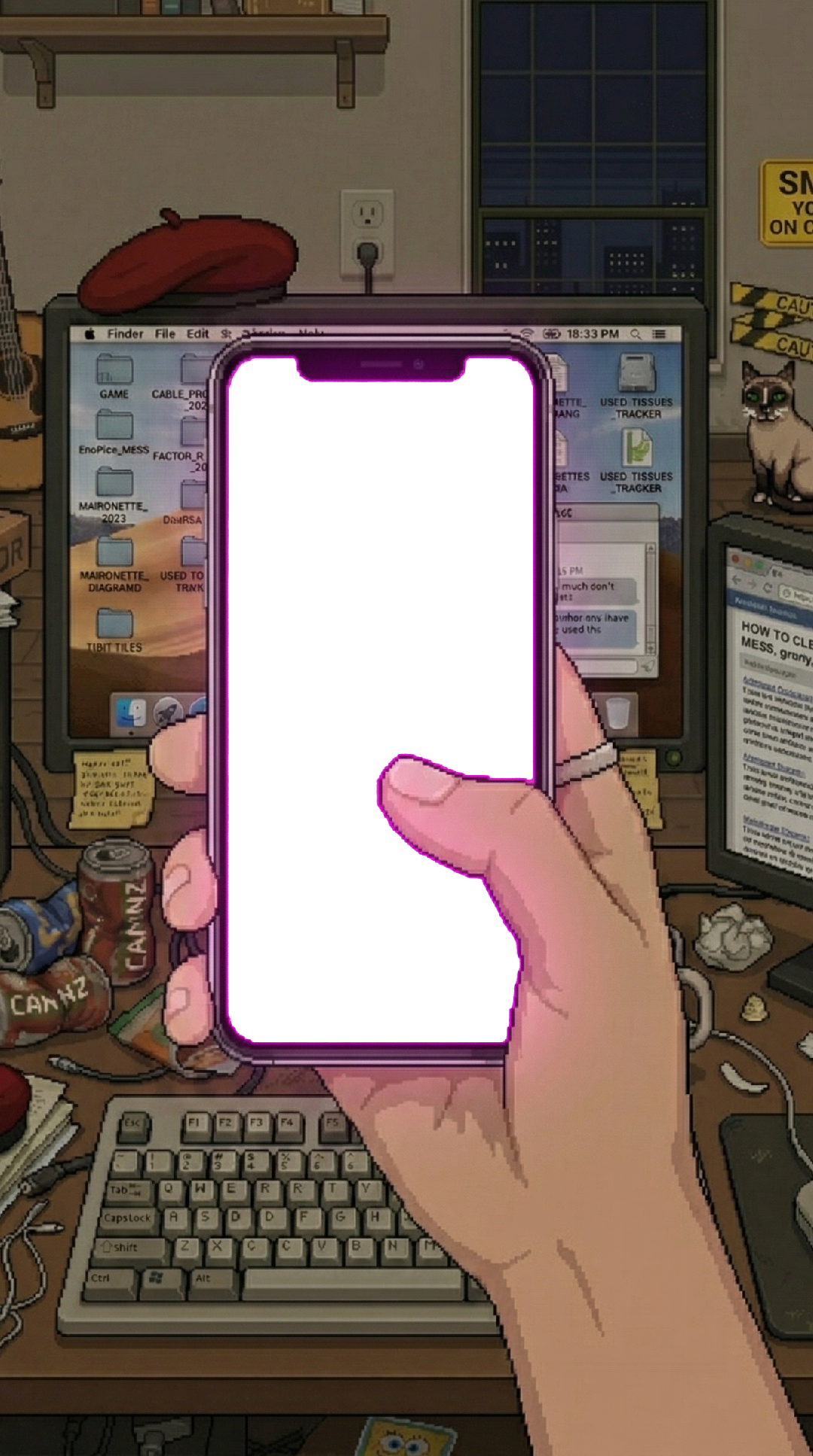 Pixel-art hand holding a smartphone over a desk